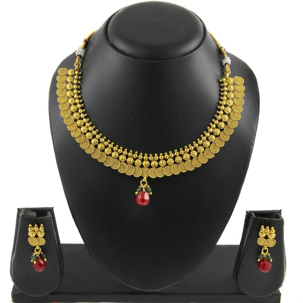 Red Temple Antique 22K Gold Plated Traditional Necklace Earring Set Main image