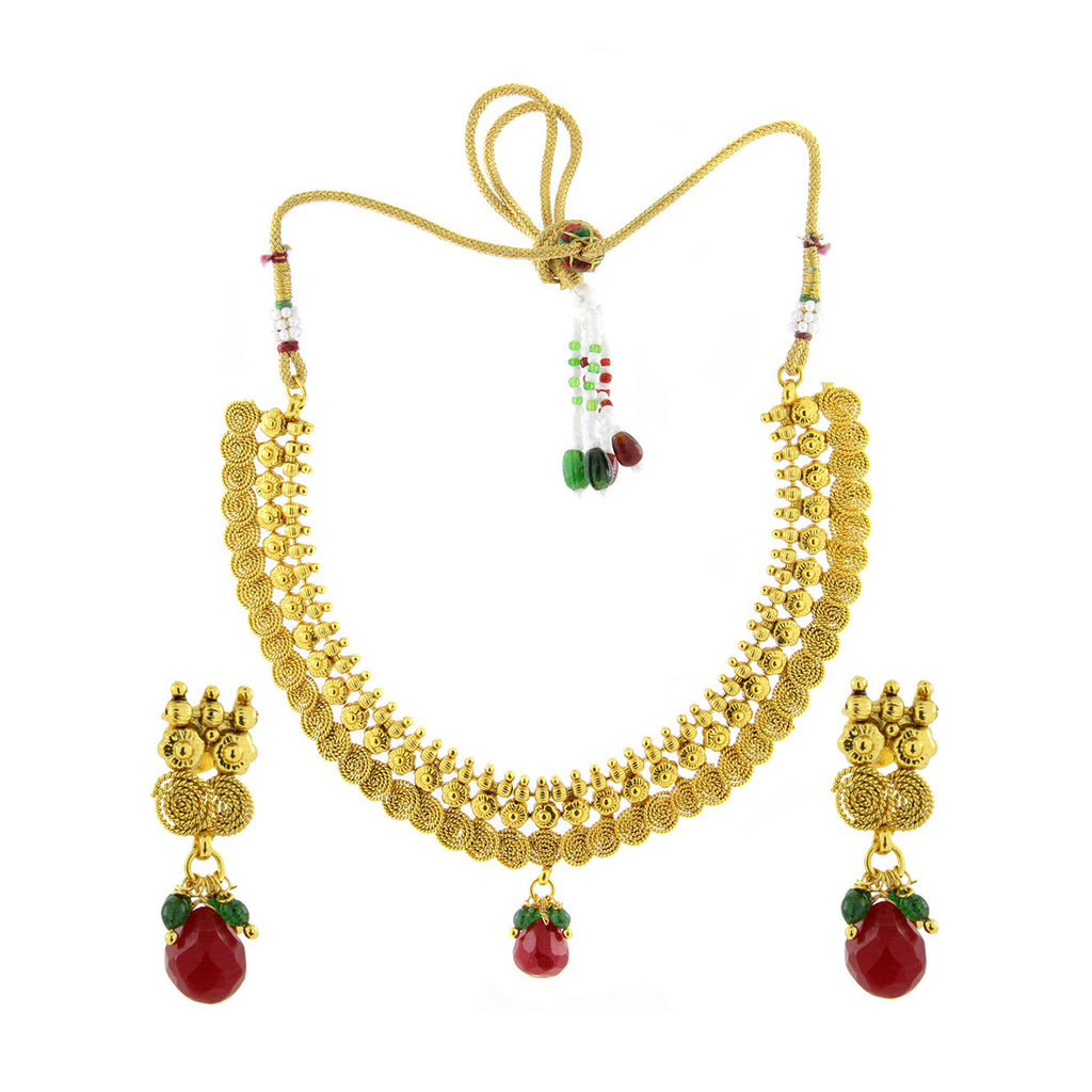Red Temple Antique 22K Gold Plated Traditional Necklace Earring Set