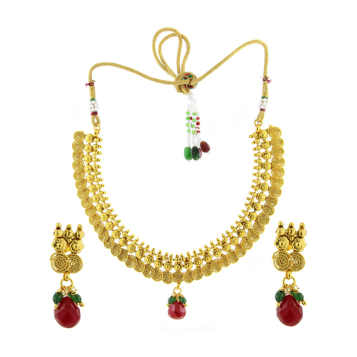 Red Temple Antique 22K Gold Plated Traditional Necklace Earring Set