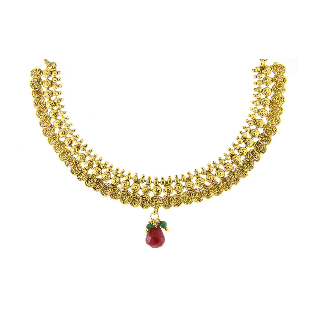 Red Temple Antique 22K Gold Plated Traditional Necklace Earring Set