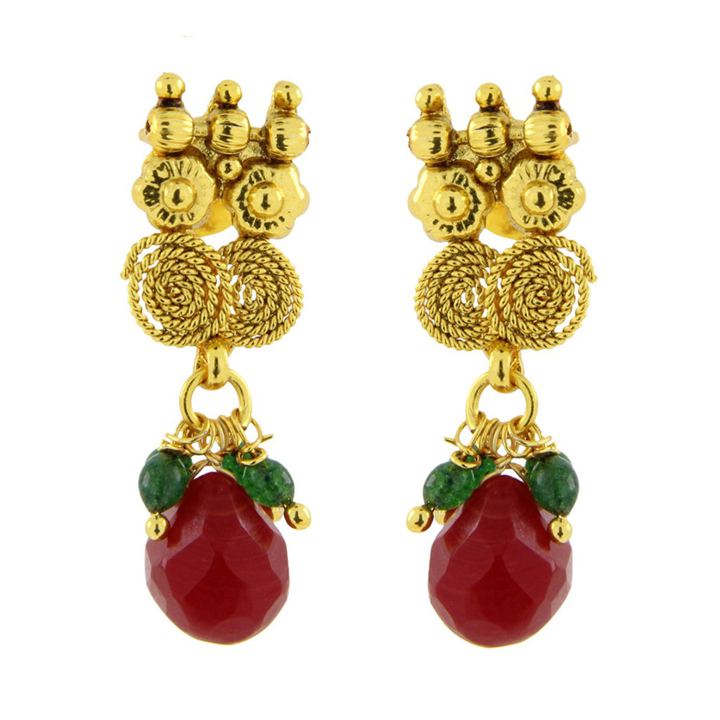 Red Temple Antique 22K Gold Plated Traditional Necklace Earring Set