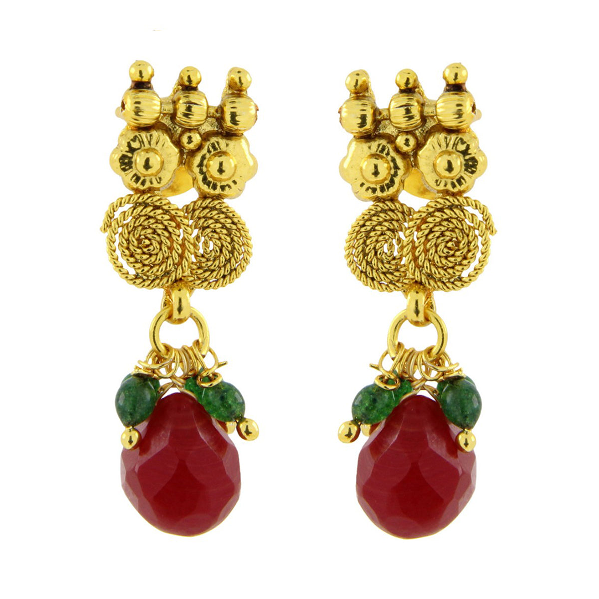 Red Temple Antique 22K Gold Plated Traditional Necklace Earring Set