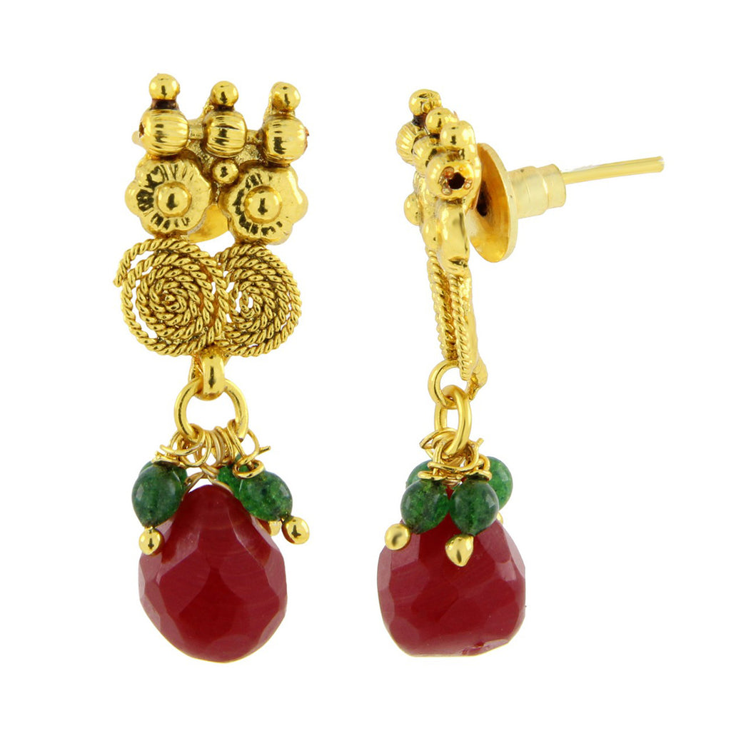 Red Temple Antique 22K Gold Plated Traditional Necklace Earring Set