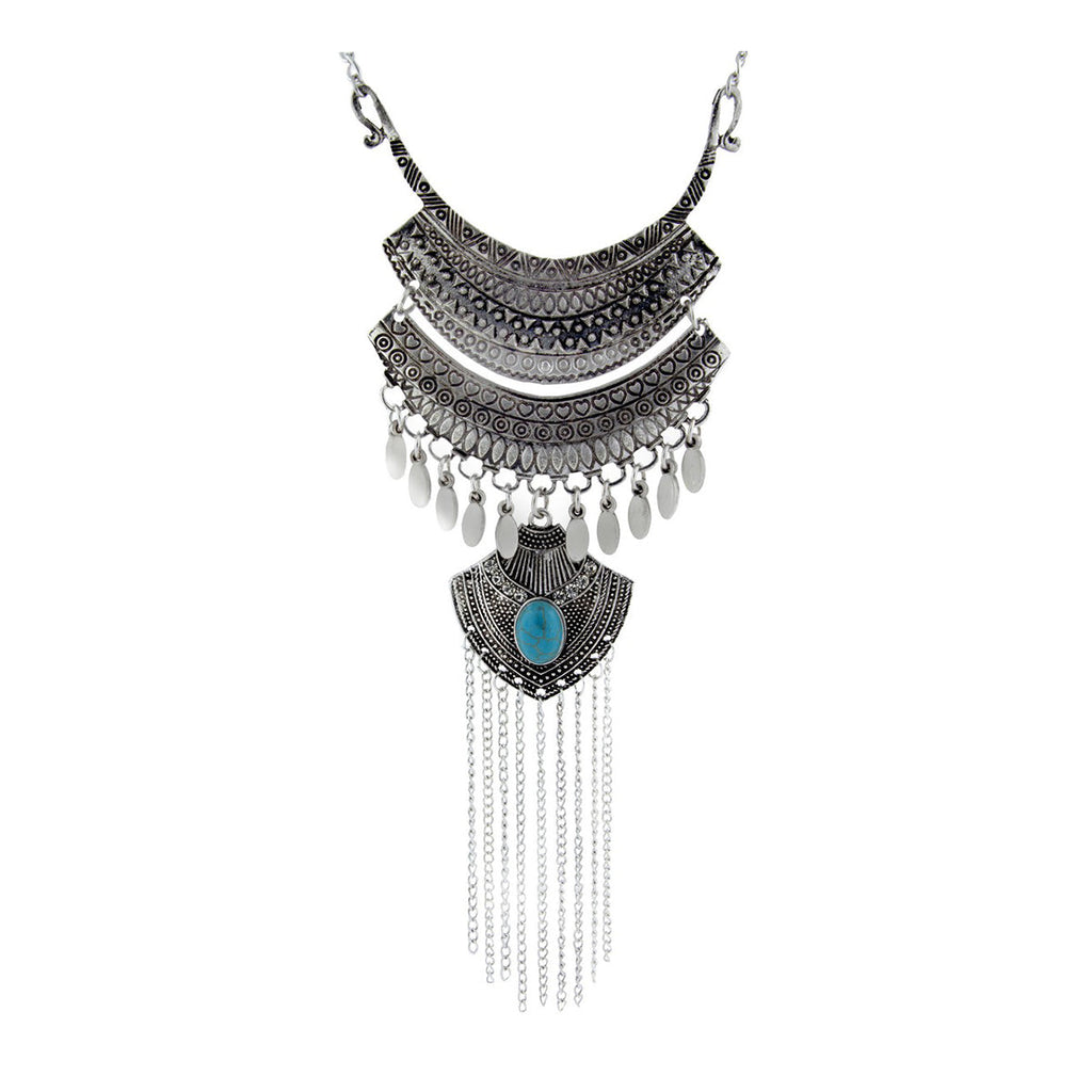 Tribal Bohemian Afghani Statement Crystal Oxidized Silver Necklace