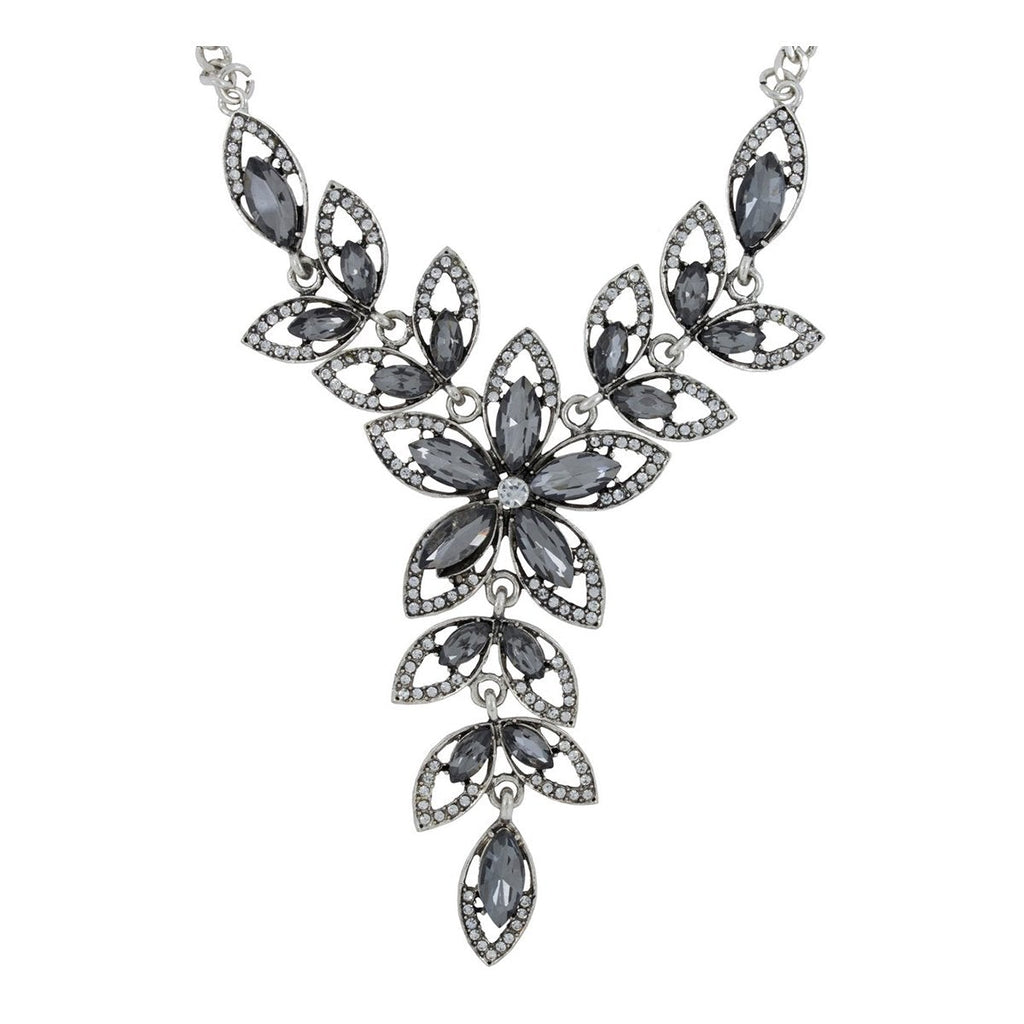 Party Floral Black Crystal CZ Silver Plated Necklace Bulk