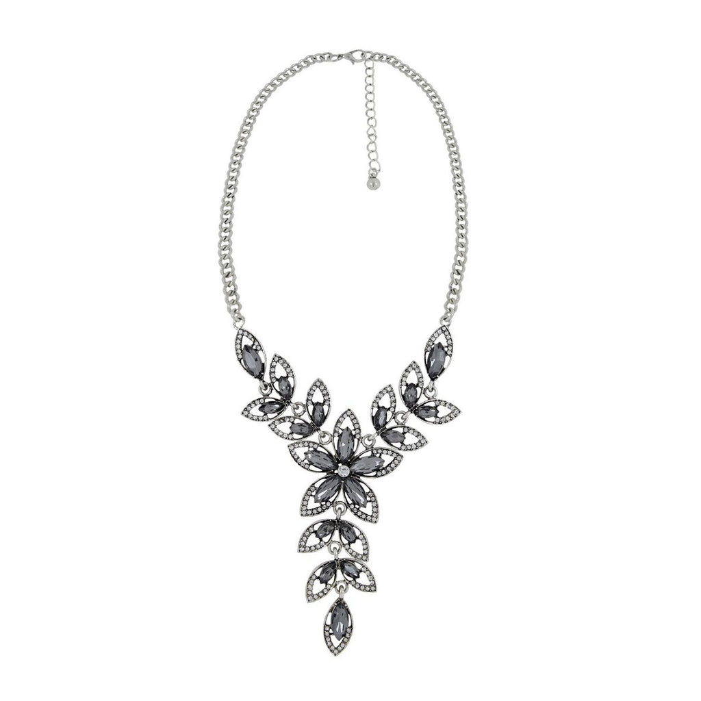 Party Floral Black Crystal CZ Silver Plated Necklace Bulk