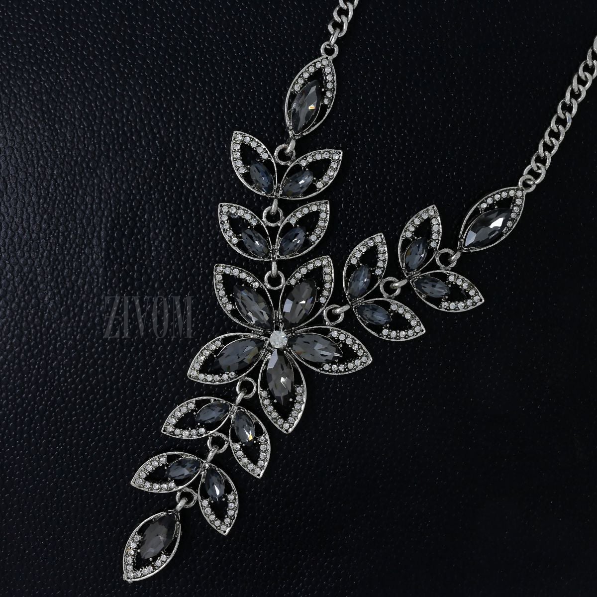 Party Floral Black Crystal CZ Silver Plated Necklace Bulk Main image