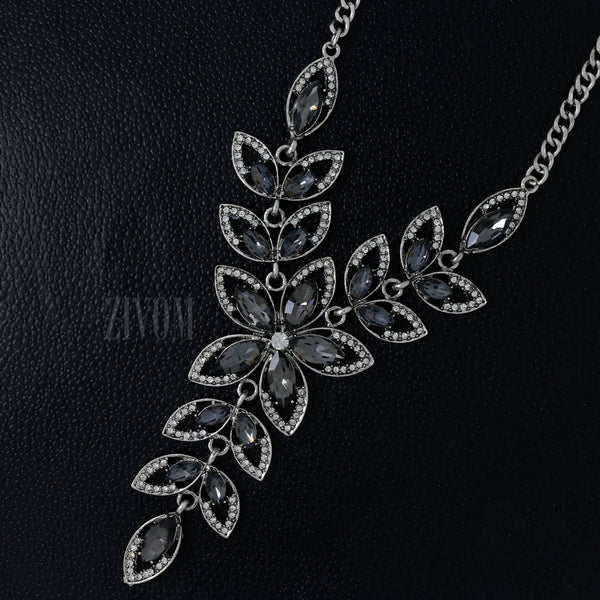 Party Floral Black Crystal CZ Silver Plated Necklace Bulk Main image