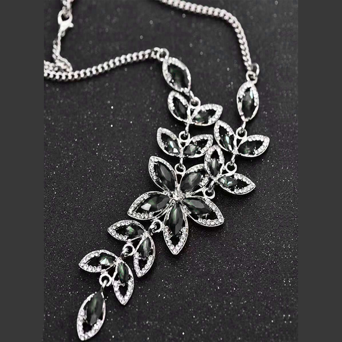 Party Floral Black Crystal CZ Silver Plated Necklace Bulk