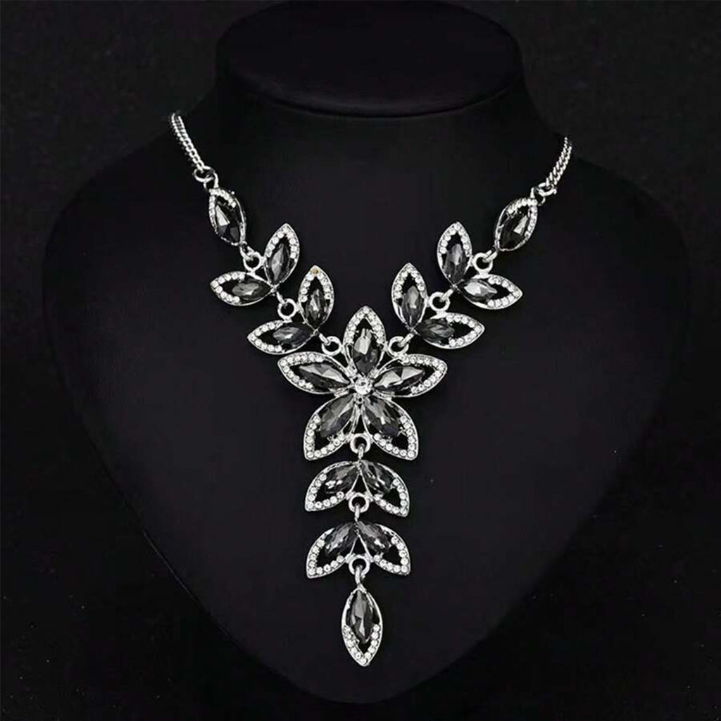 Party Floral Black Crystal CZ Silver Plated Necklace Bulk