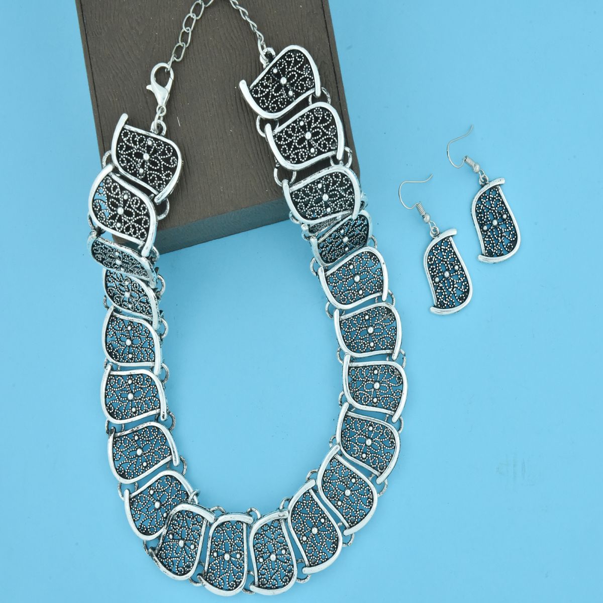 Flower Shape Oxidised German Silver Choker Necklace Earring Set Bulk