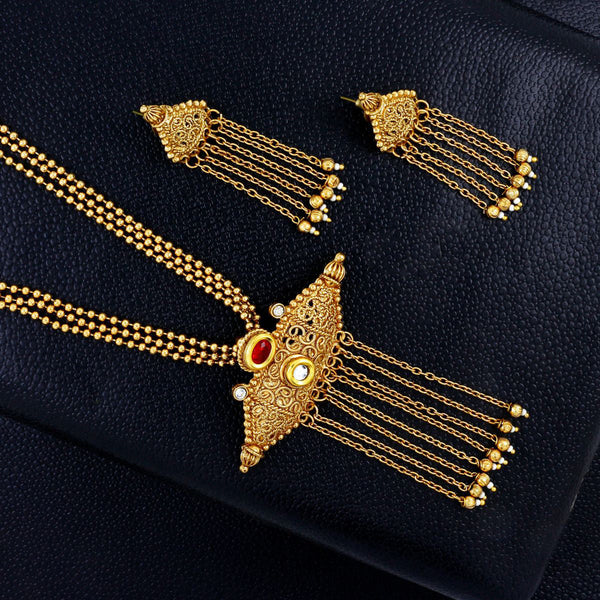 Temple Antique Kundan Red Pearl 22K Gold Earring Necklace Set Main image