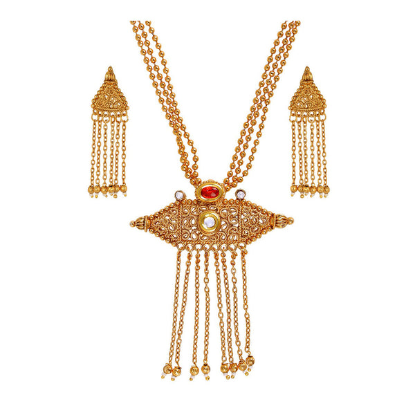 Temple Antique Kundan Red Pearl 22K Gold Earring Necklace Set Secondary image