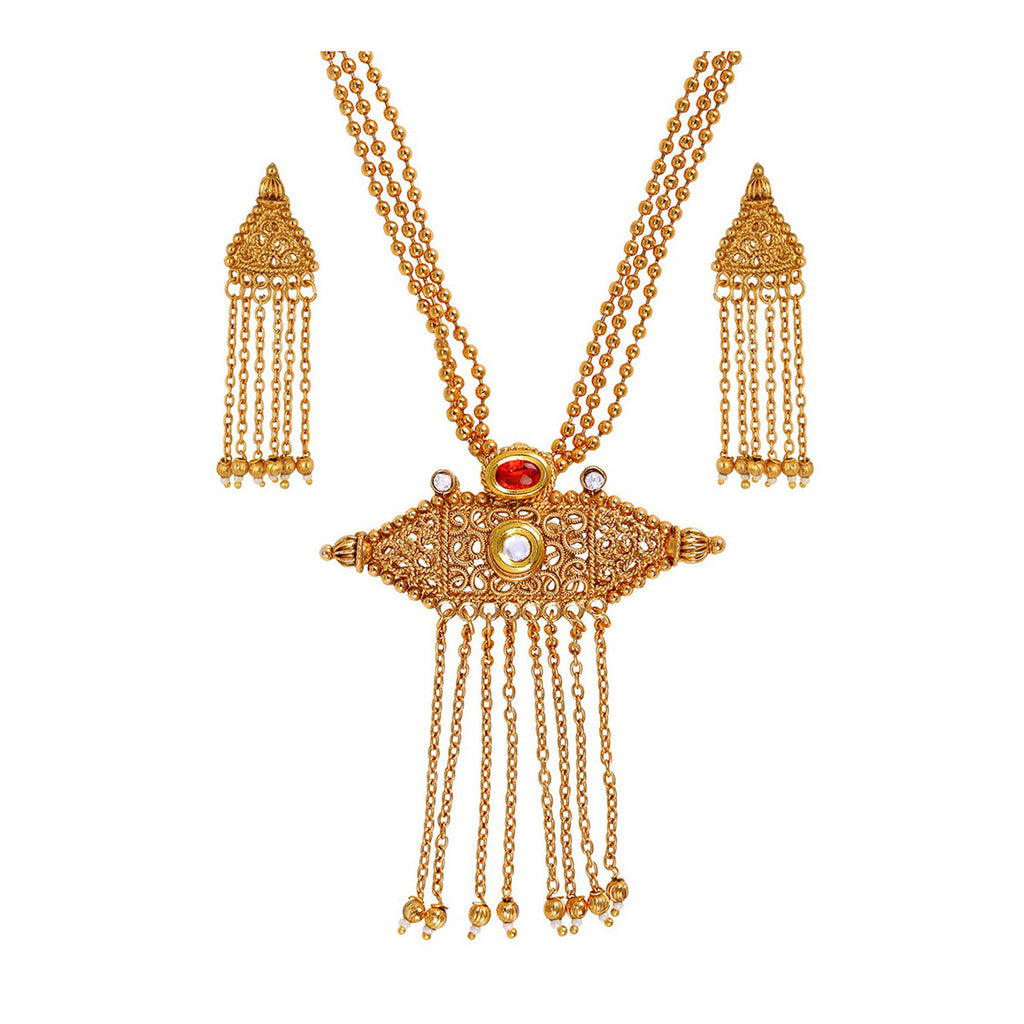 Temple Antique Kundan Red Pearl 22K Gold Earring Necklace Set