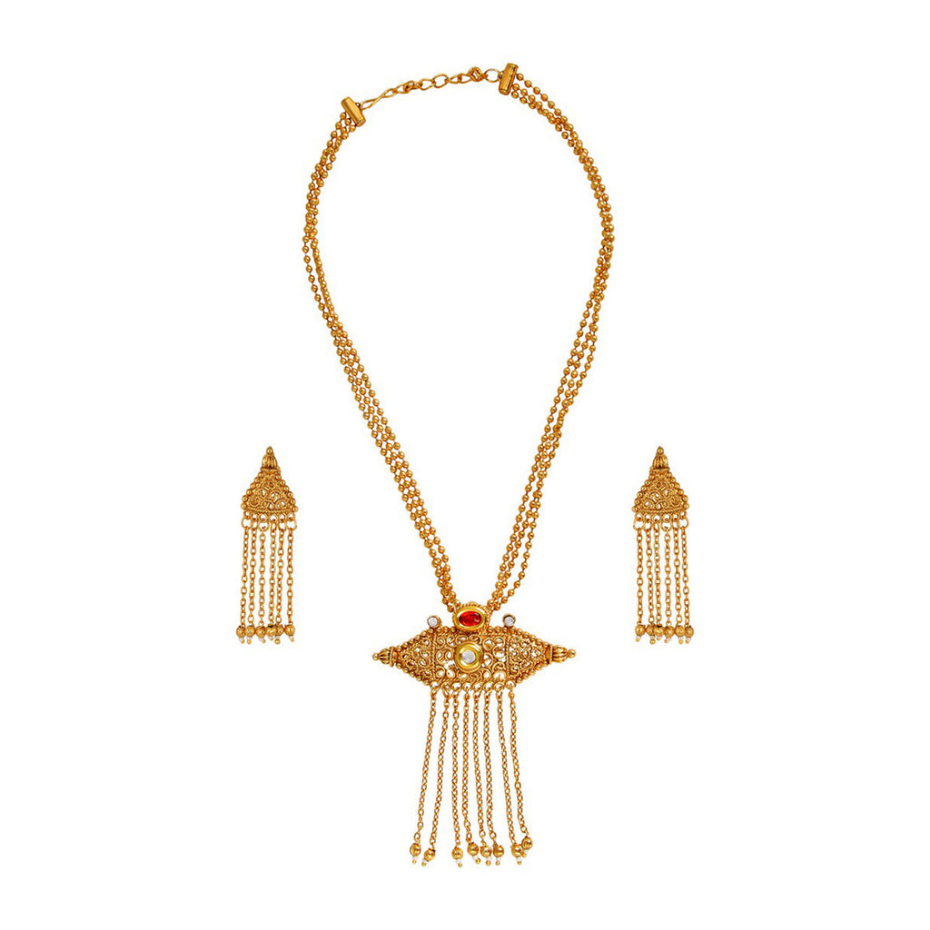 Temple Antique Kundan Red Pearl 22K Gold Earring Necklace Set