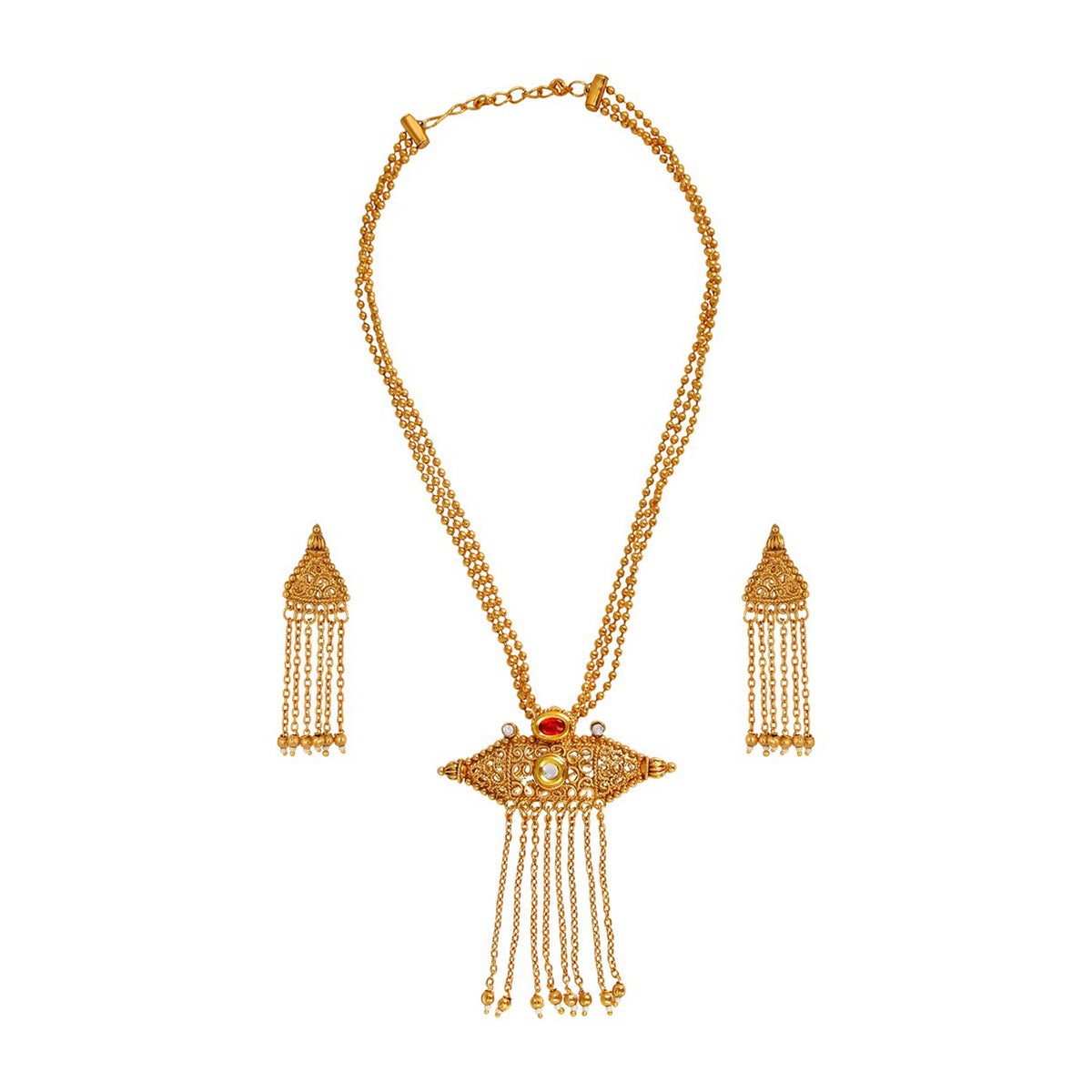 Temple Antique Kundan Red Pearl 22K Gold Earring Necklace Set