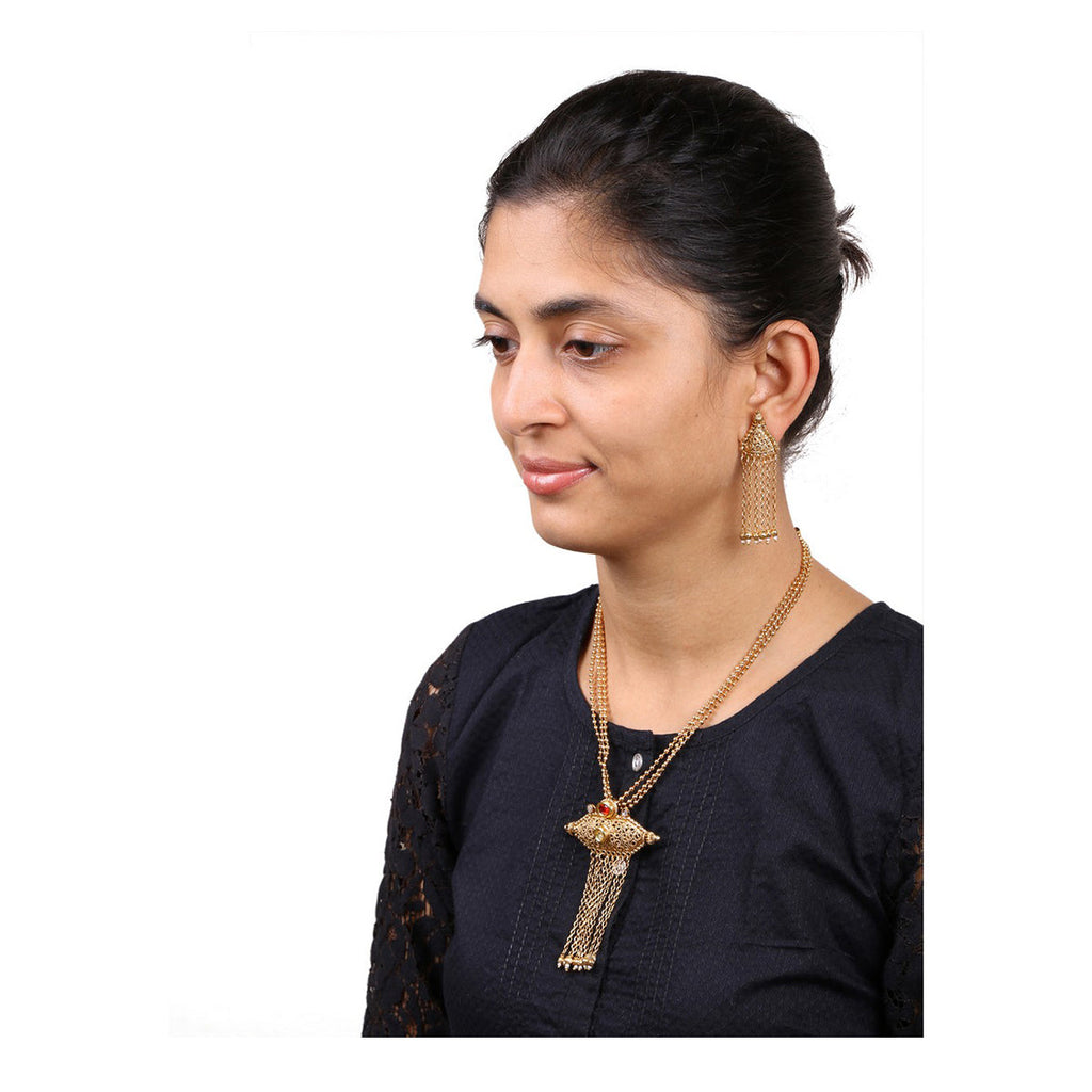 Temple Antique Kundan Red Pearl 22K Gold Earring Necklace Set