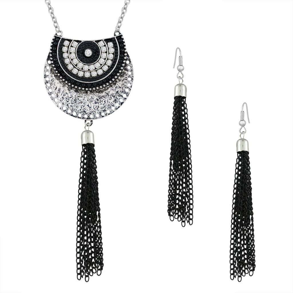 Tassel Curb Black CZ Beads Oxidised Necklace Earring Set Bulk