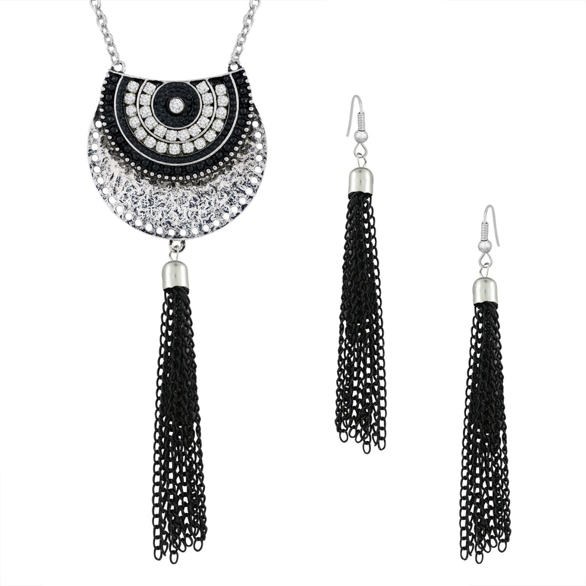 Tassel Curb Black CZ Beads Oxidised Necklace Earring Set Bulk