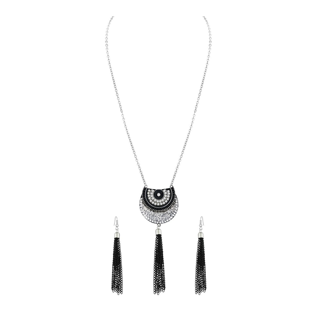 Tassel Curb Black CZ Beads Oxidised Necklace Earring Set Bulk