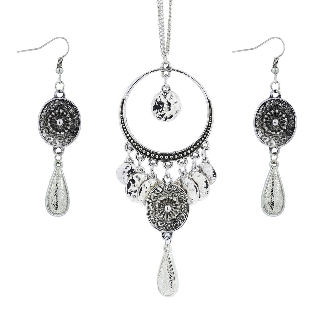 Silver Oxidised Afghani Bohemian Tribal Long Necklace Earring Set