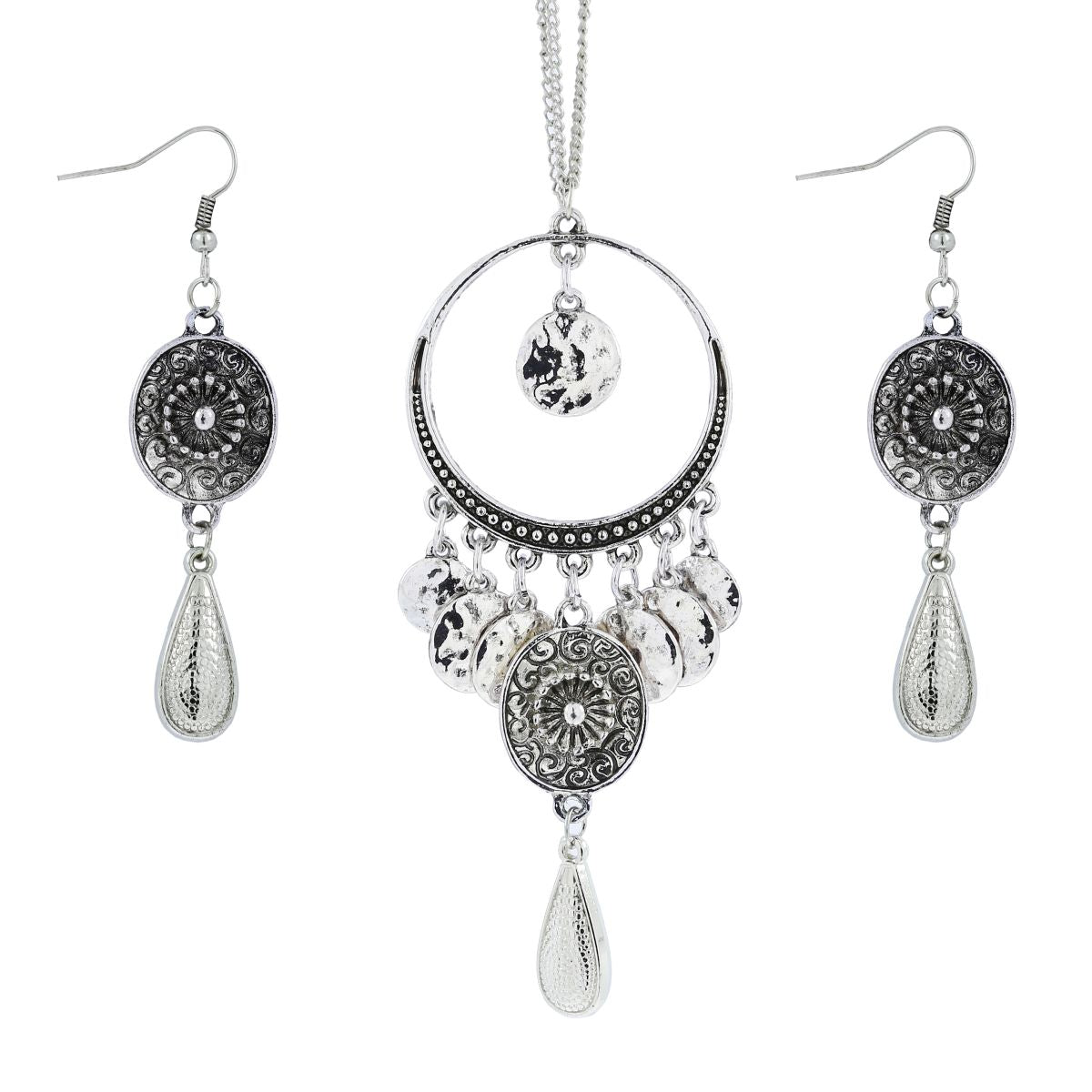Silver Oxidised Afghani Bohemian Tribal Long Necklace Earring Set