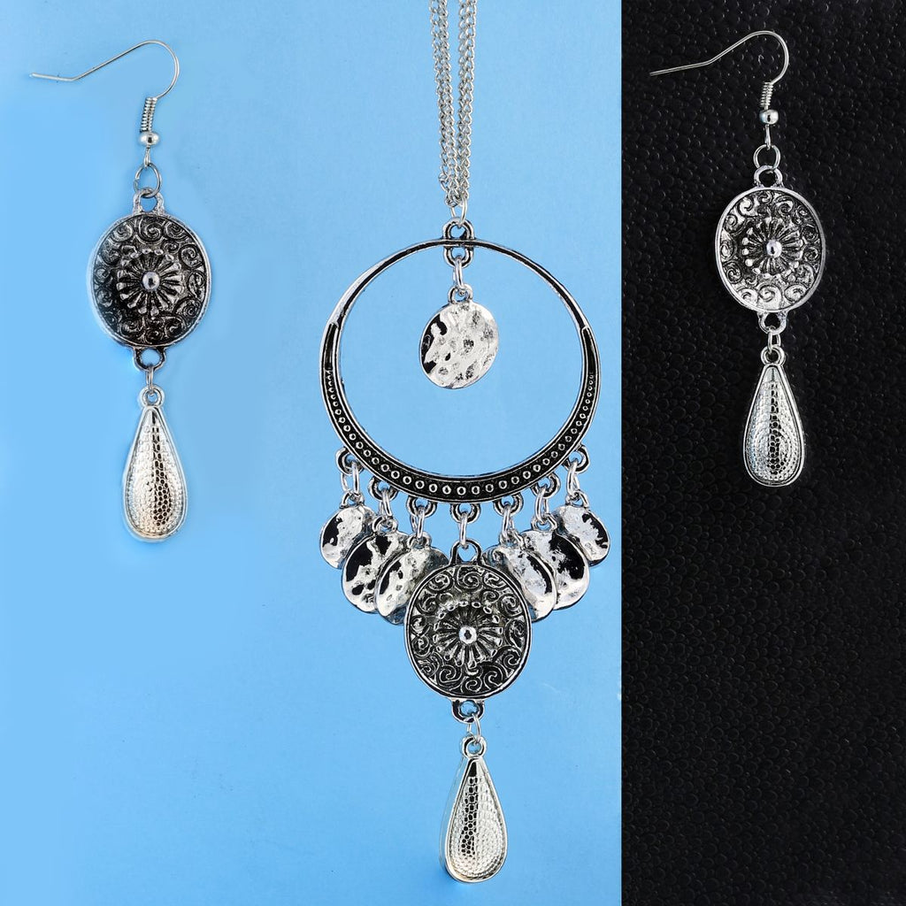 Silver Oxidised Afghani Bohemian Tribal Long Necklace Earring Set