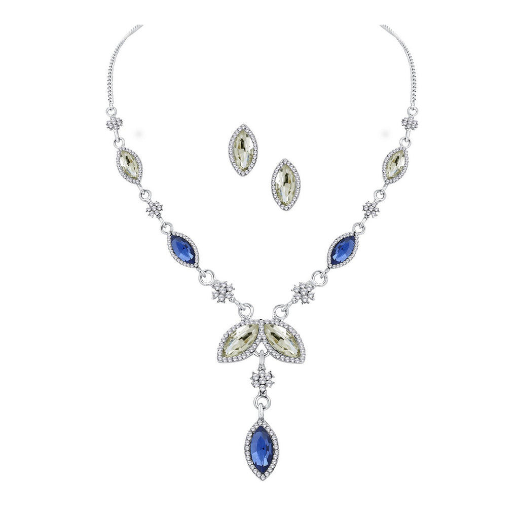 Leaf Dark Blue Silver Crystal American Diamond Necklace Earring Bulk