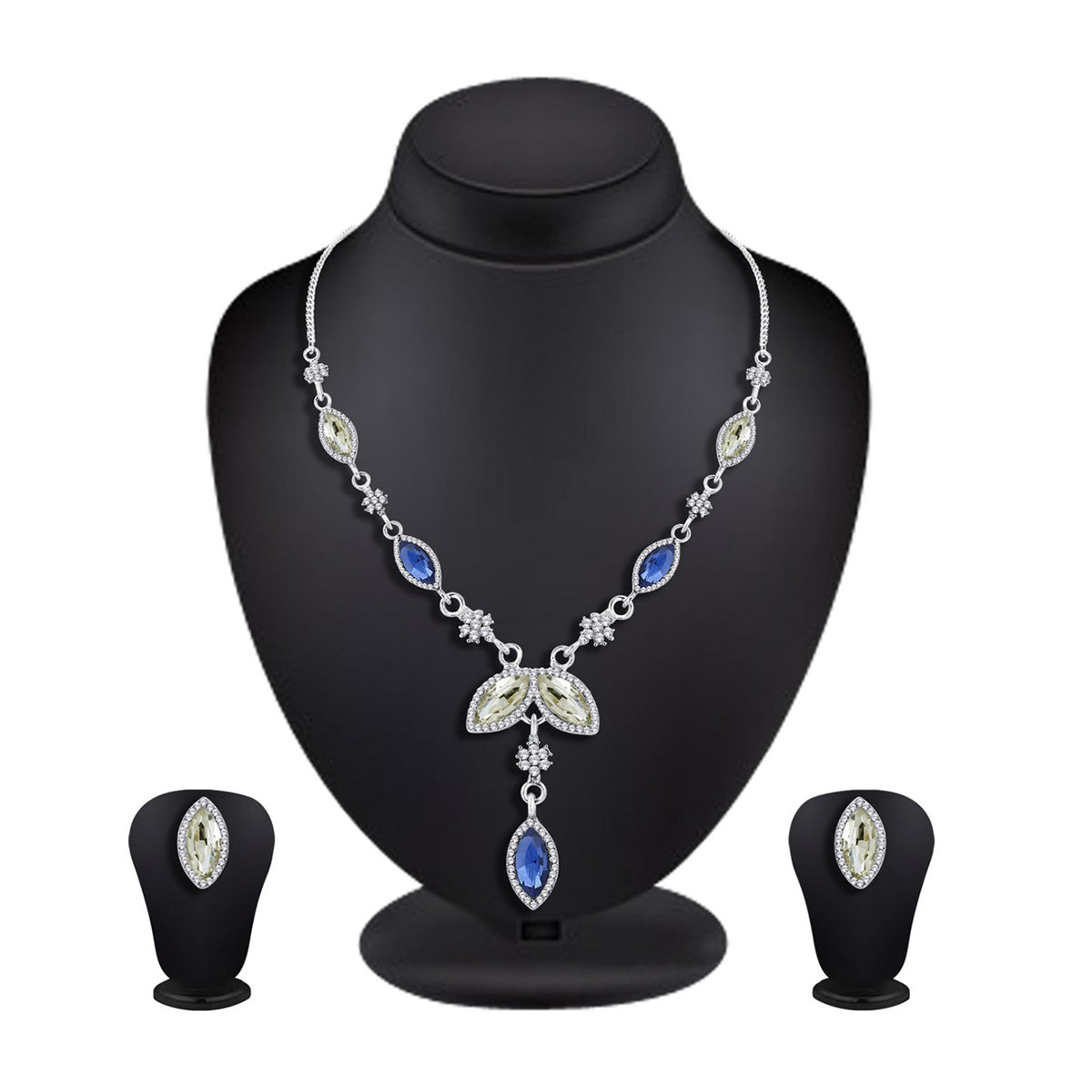 Leaf Dark Blue Silver Crystal American Diamond Necklace Earring Bulk