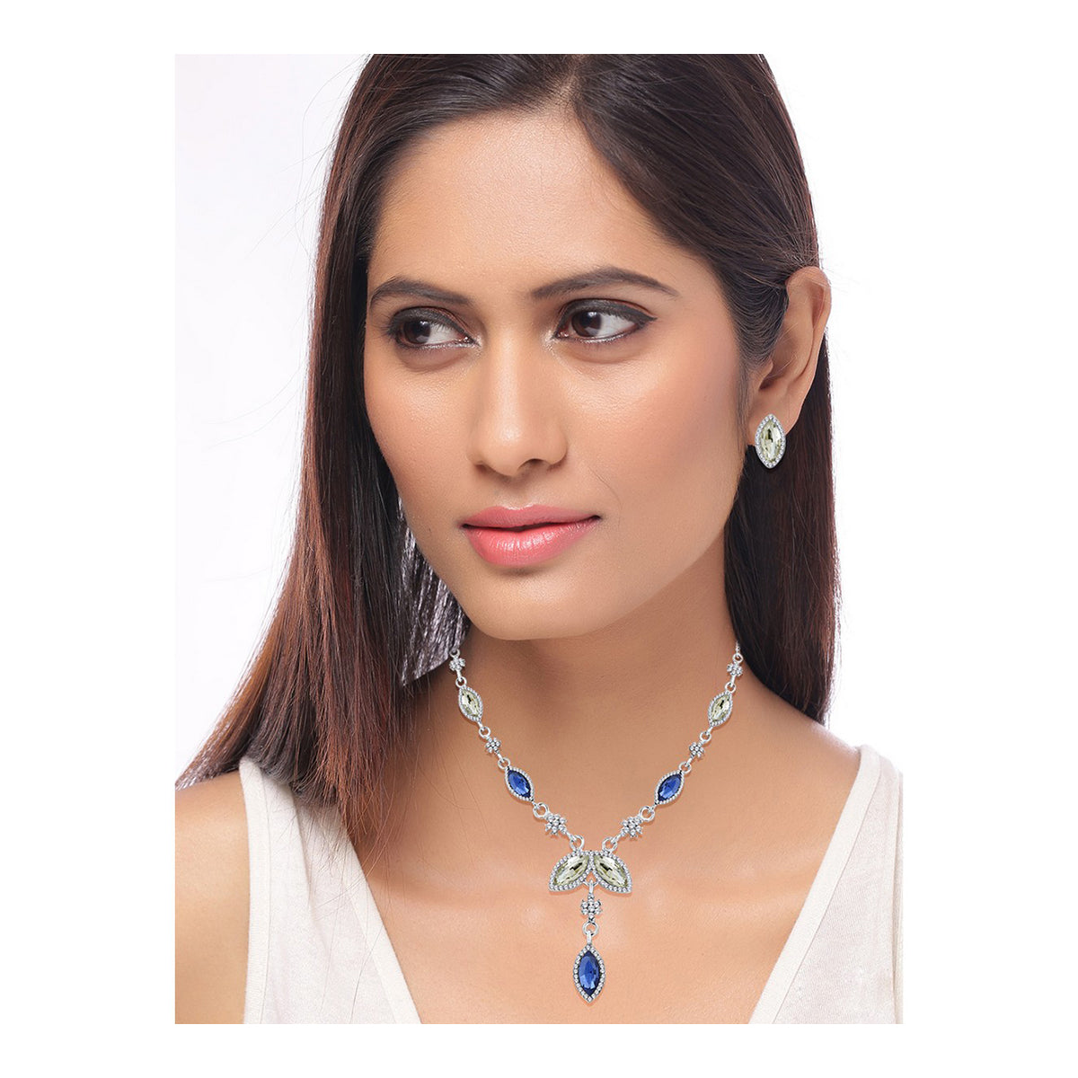 Leaf Dark Blue Silver Crystal American Diamond Necklace Earring Bulk