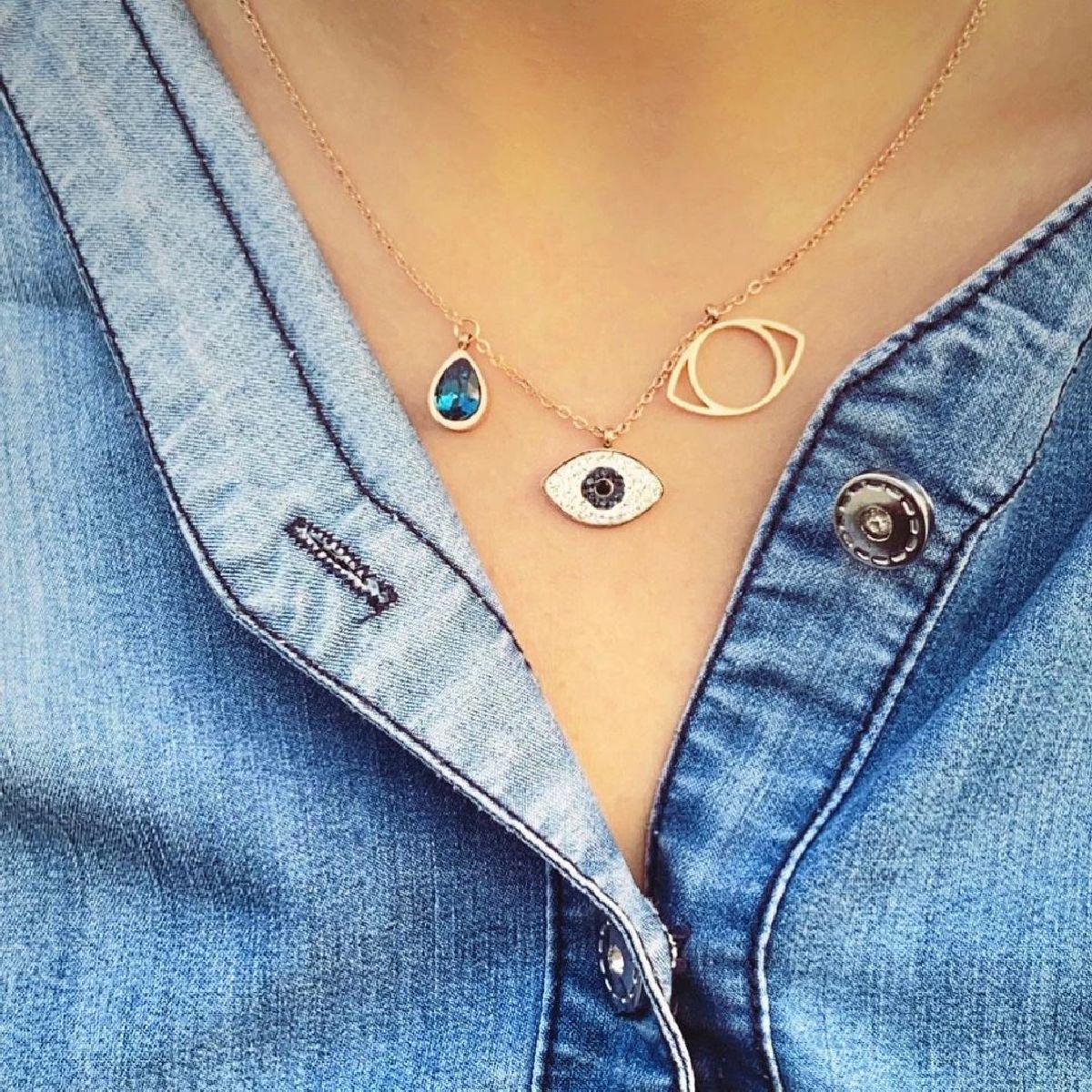 Evil Eye Blue Rose Gold Stainless Steel Necklace Pendant Chain Bulk