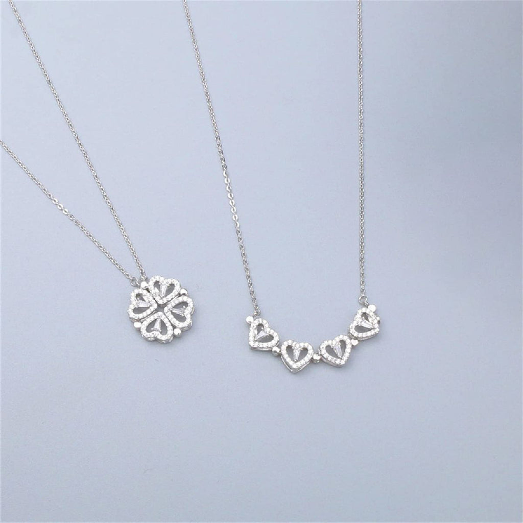 Clover Stainless Steel Cubic Zirconia Magnet Openable Necklace Pendant Chain Women Silver