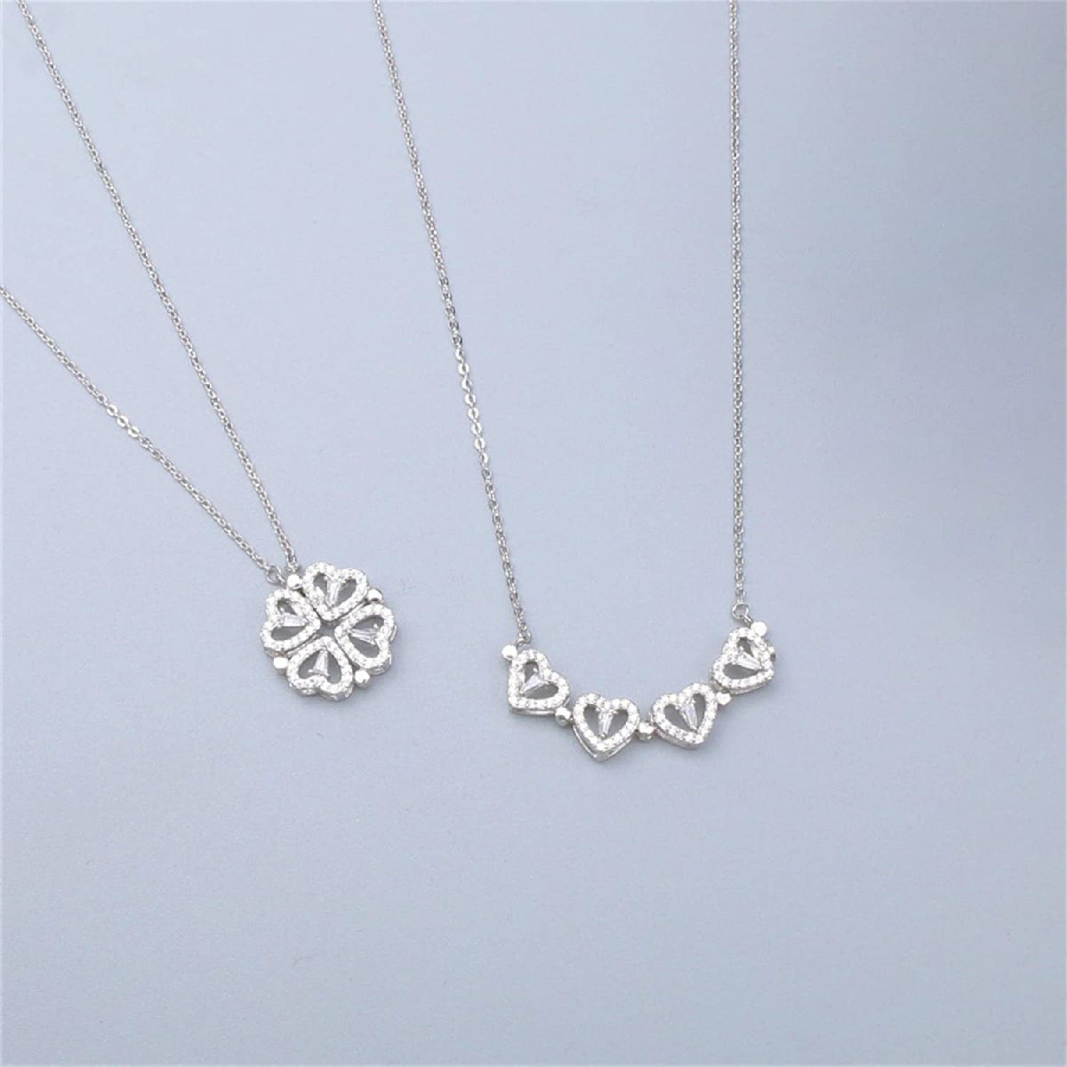 Clover Stainless Steel Cubic Zirconia Magnet Openable Necklace Pendant Chain Women Silver