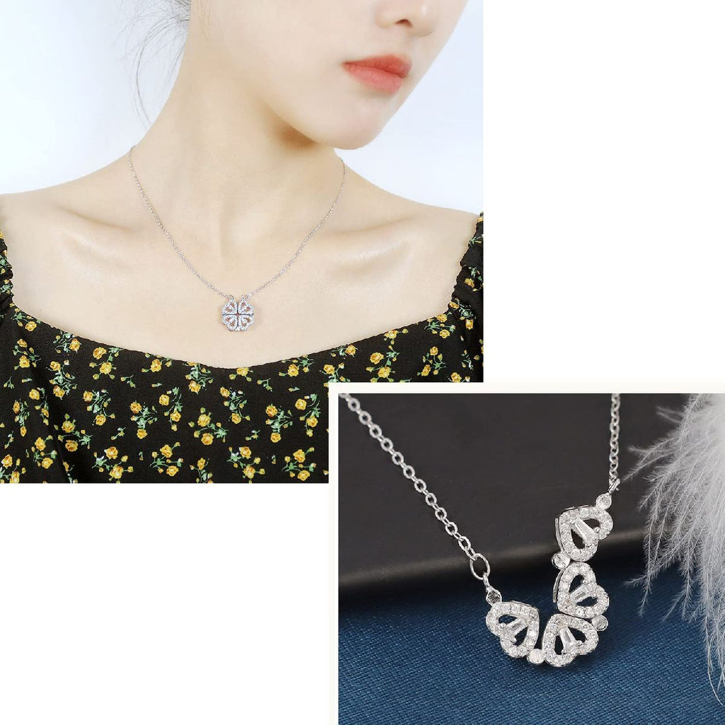 Clover Stainless Steel Cubic Zirconia Magnet Openable Necklace Pendant Chain Women Silver