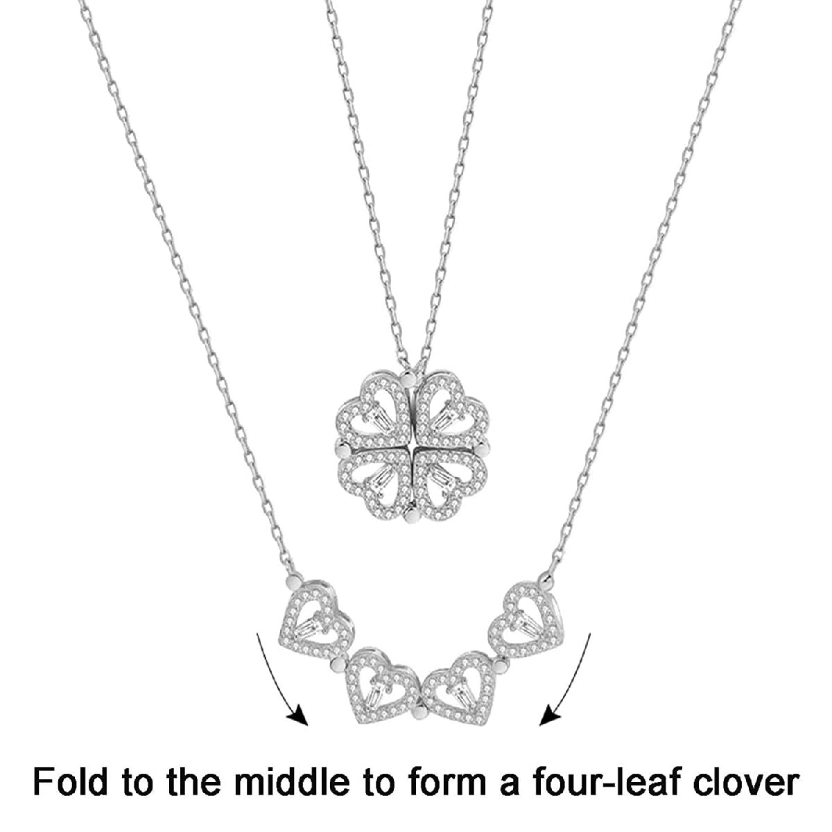 Clover Stainless Steel Cubic Zirconia Magnet Openable Necklace Pendant Chain Women Silver