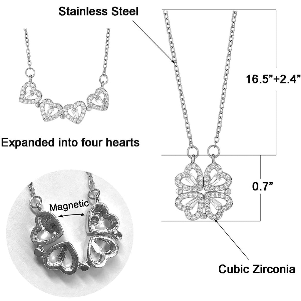 Clover Stainless Steel Cubic Zirconia Magnet Openable Necklace Pendant Chain Women Silver