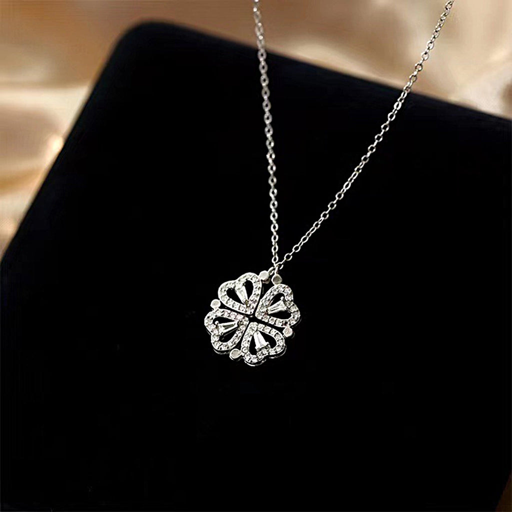 Clover Stainless Steel Cubic Zirconia Magnet Openable Necklace Pendant Chain Women Silver