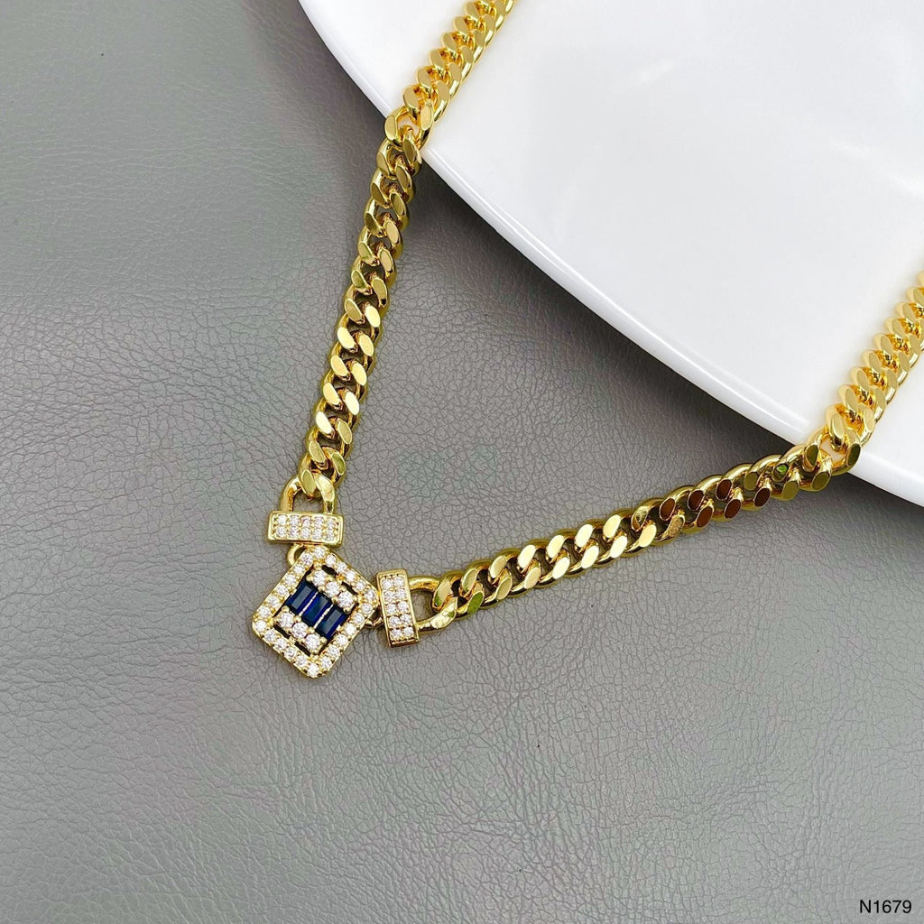 Baguette CZ Crystal Blue Gold Anti Tarnish Curb Chain Necklace Bulk