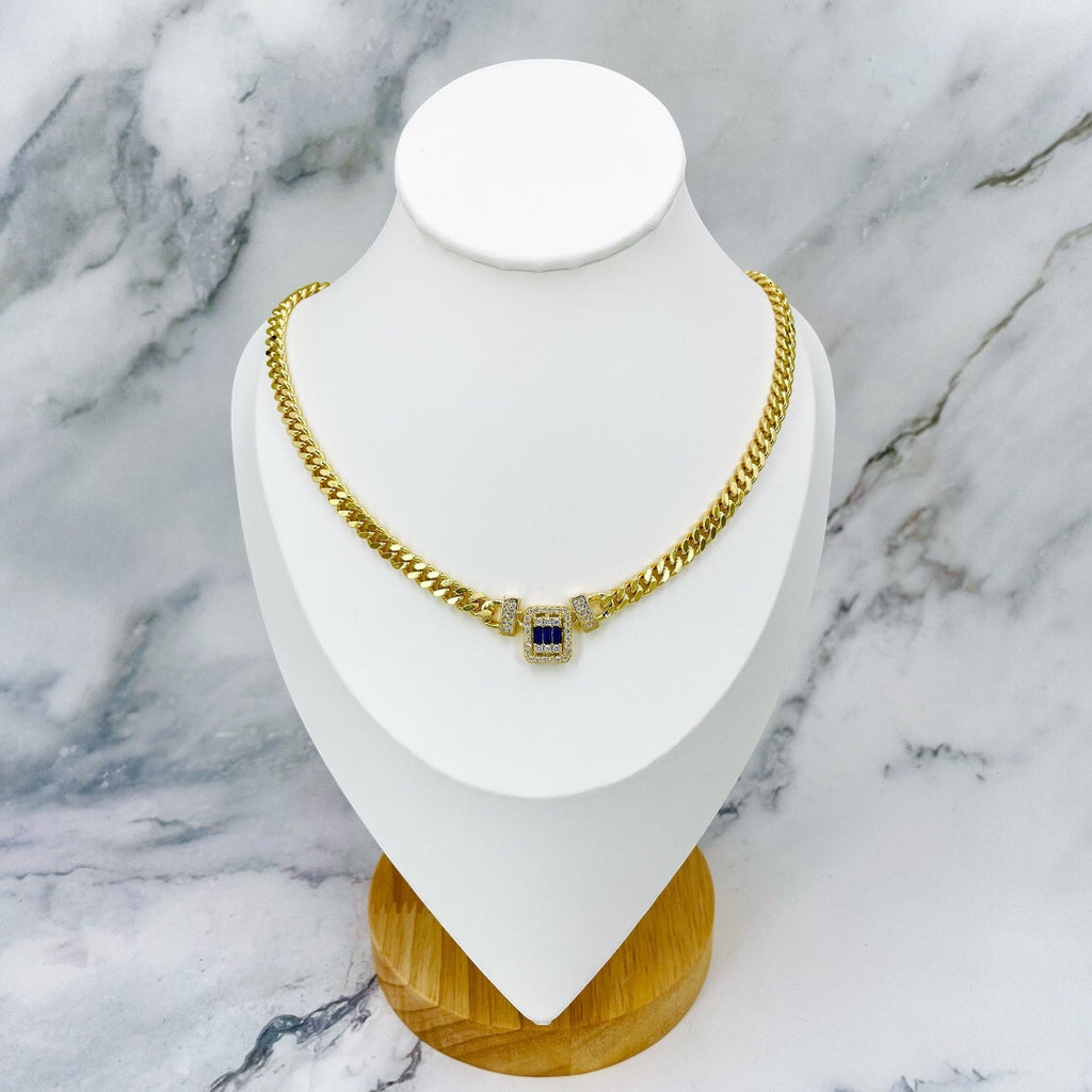 Baguette CZ Crystal Blue Gold Anti Tarnish Curb Chain Necklace Bulk