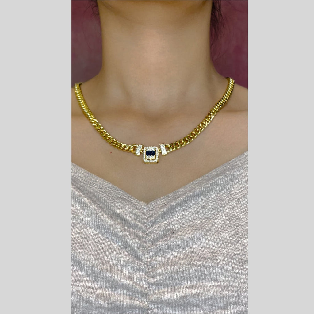 Baguette CZ Crystal Blue Gold Anti Tarnish Curb Chain Necklace Bulk
