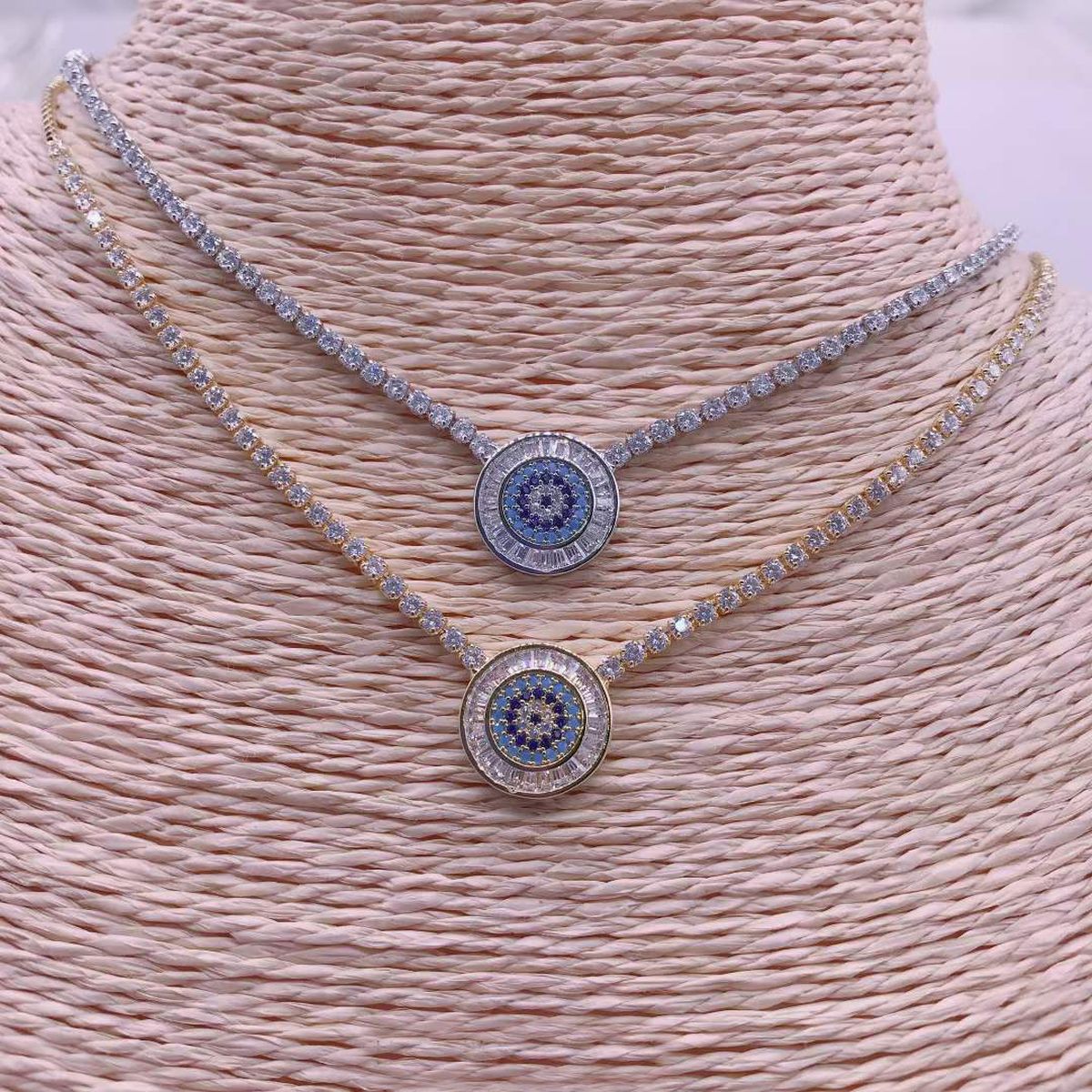 Evil Eye Baguette Eternity 18K Gold Adjustable Slider Necklace Bulk