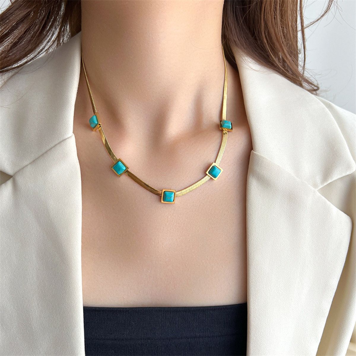 Five Turquoise Blue Snake 18K Gold Anti Tarnish Stainless Steel Necklace for Women Secondary image