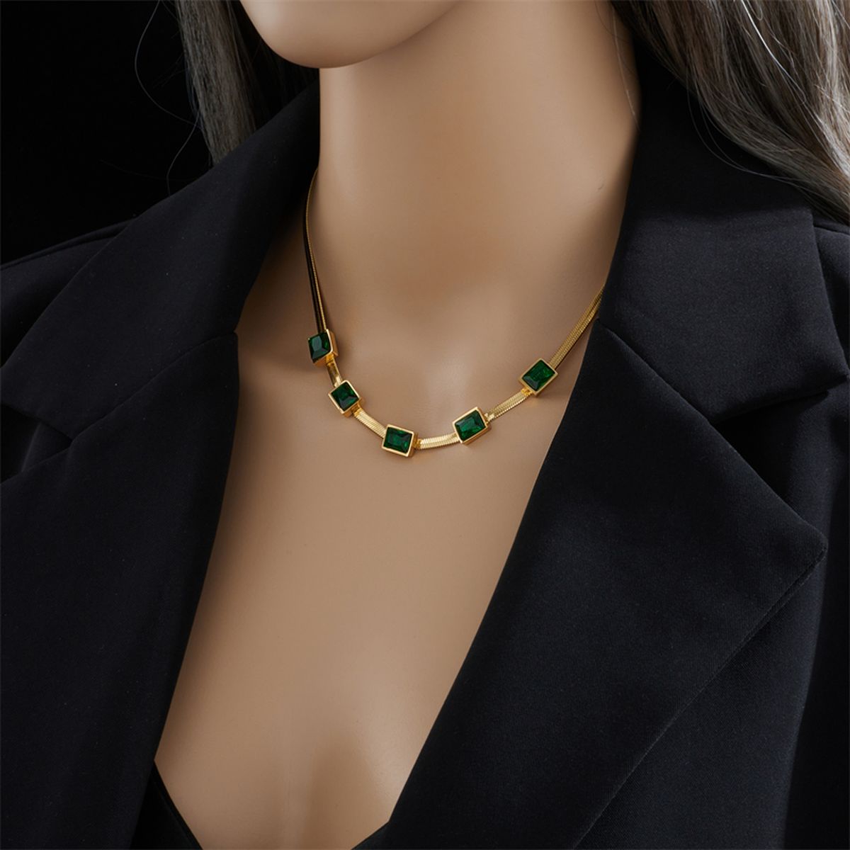 Three Emerald Green Snake 18K Gold Anti Tarnish Stainless Steel Necklace for Women Secondary image