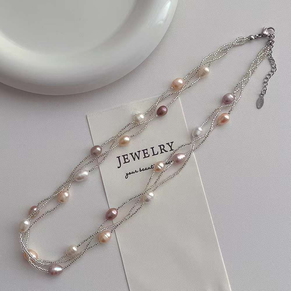 Dual Layer Pearl Silver Anti Tarnish Layer Necklace For Women Bulk