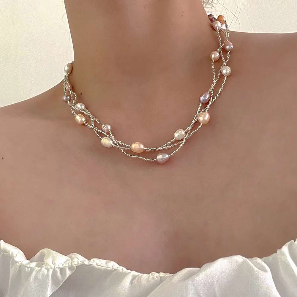 Dual Layer Pearl Silver Anti Tarnish Layer Necklace For Women Bulk