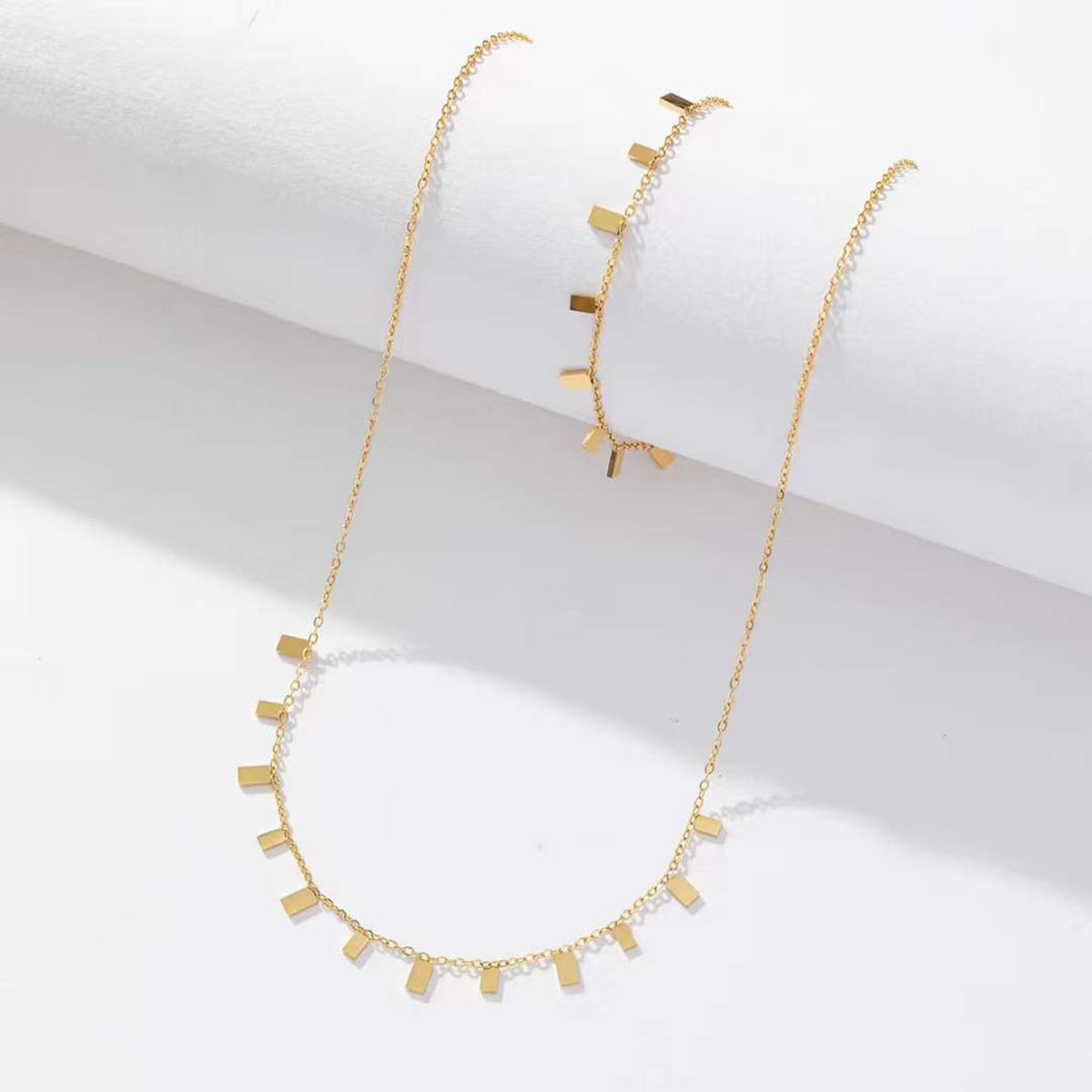 Rectangle Gold Anti Tarnish Stainless Steel Necklace Bracelet Set Bulk