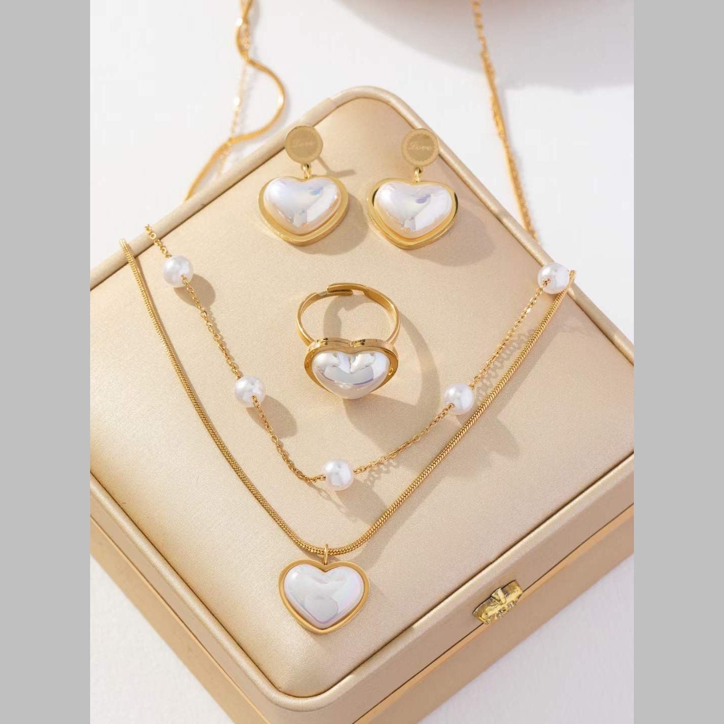 Heart Love White Pearl 18K Gold Anti Tarnish Stainless Steel Necklace Earring Ring Set For Women Main image