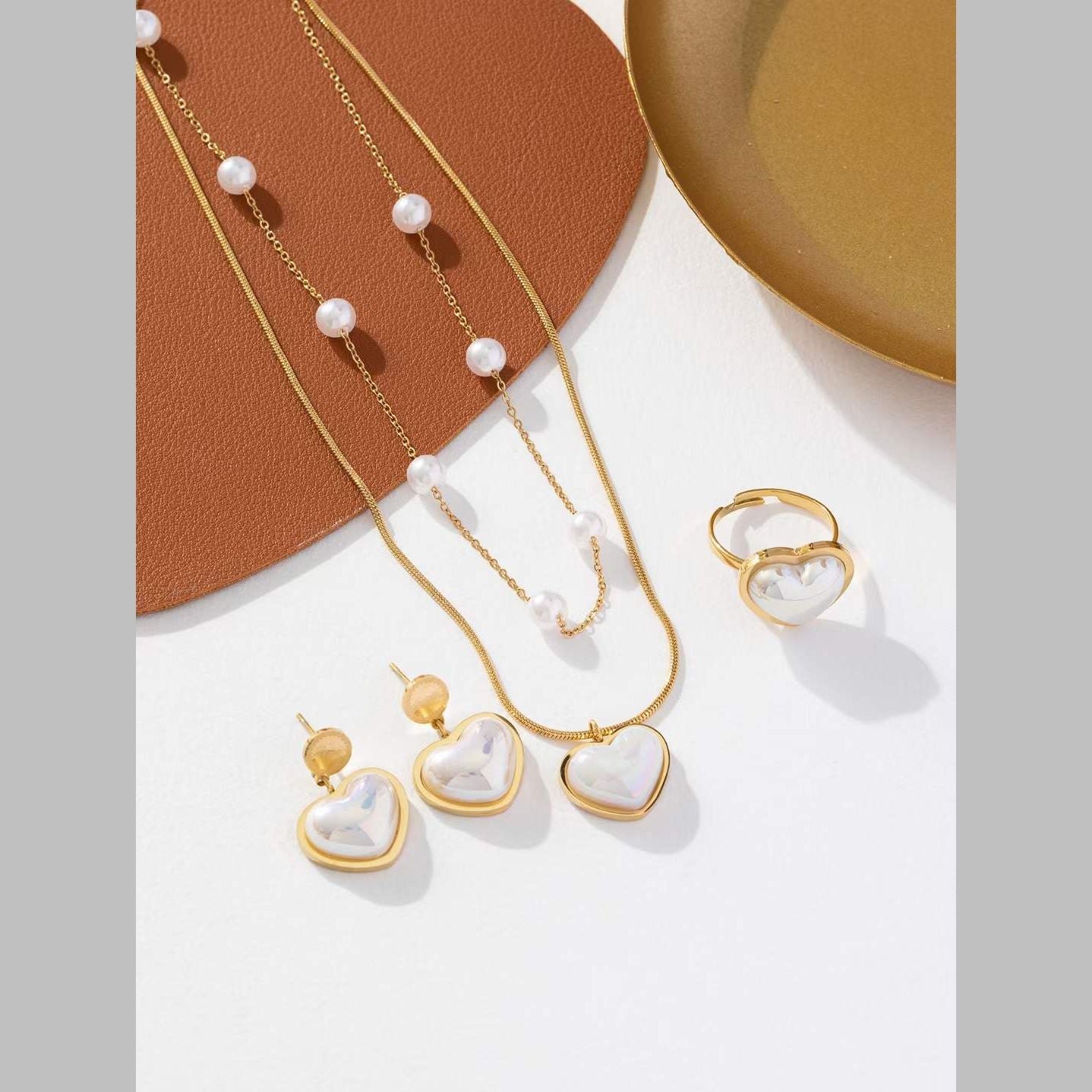 Heart Love White Pearl 18K Gold Anti Tarnish Stainless Steel Necklace Earring Ring Set For Women Secondary image
