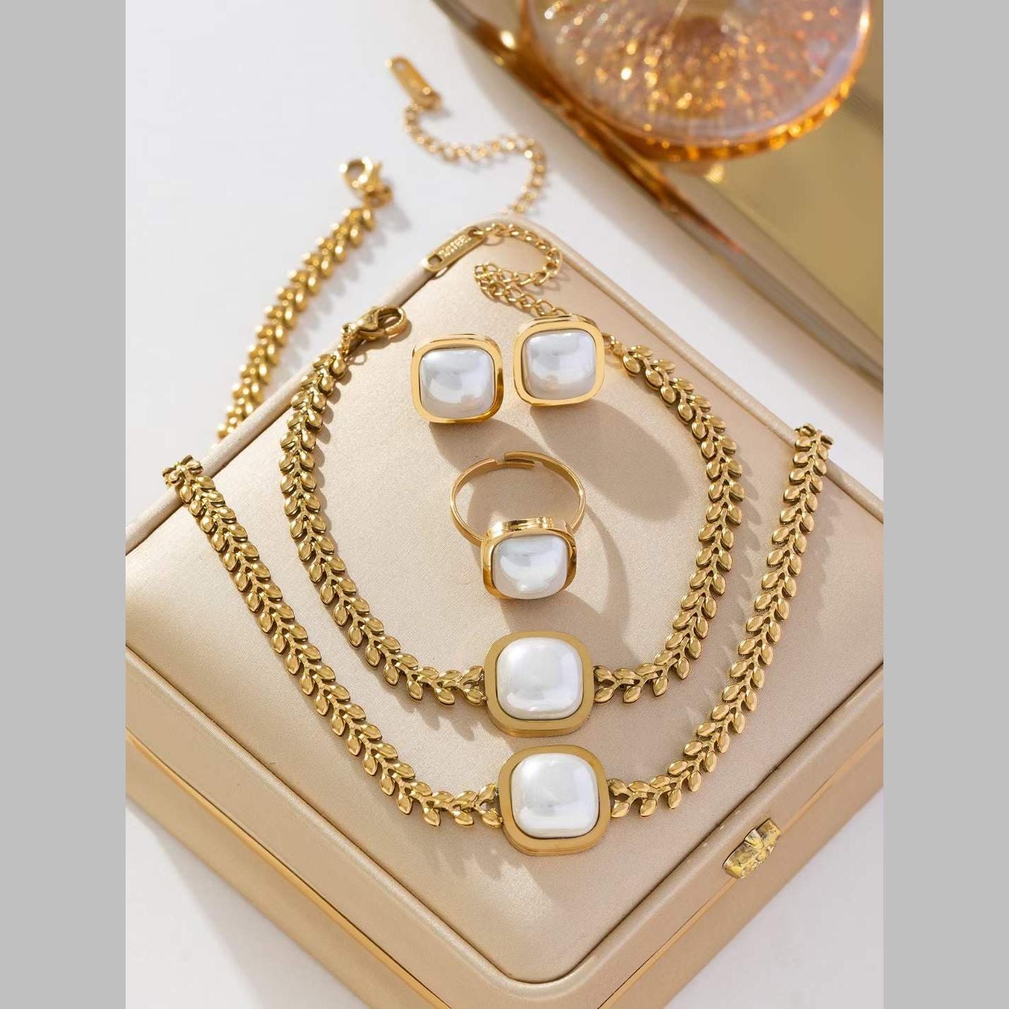Cushion Cut White Pearl 18K Gold Anti Tarnish Stainless Steel Necklace Earring Bracelet Ring Set For Women Main image