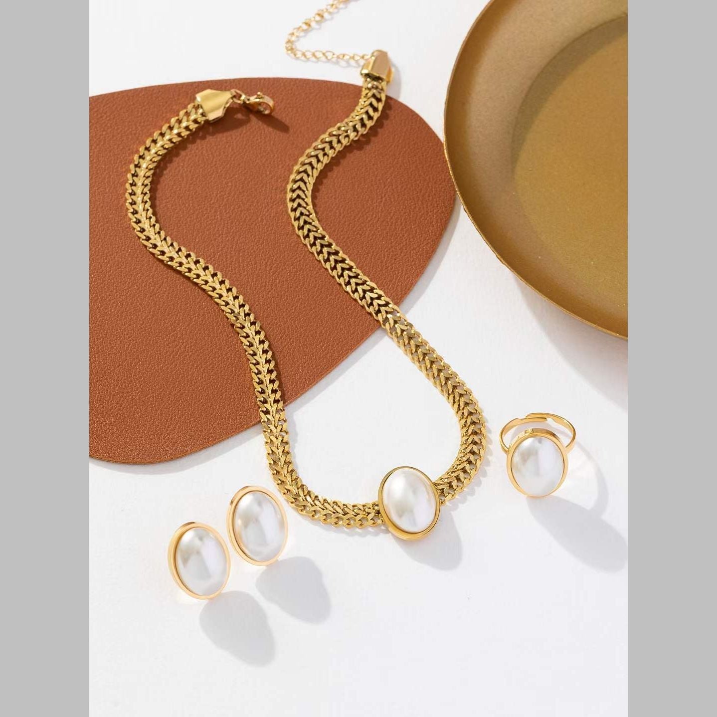 Oval White Pearl 18K Gold Anti Tarnish Stainless Steel Necklace Earring Ring Set For Women Main image